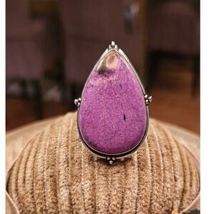 Natural Purpurite Teardrop Cabochon Ring, .925 Sterling Silver  Size 5.75